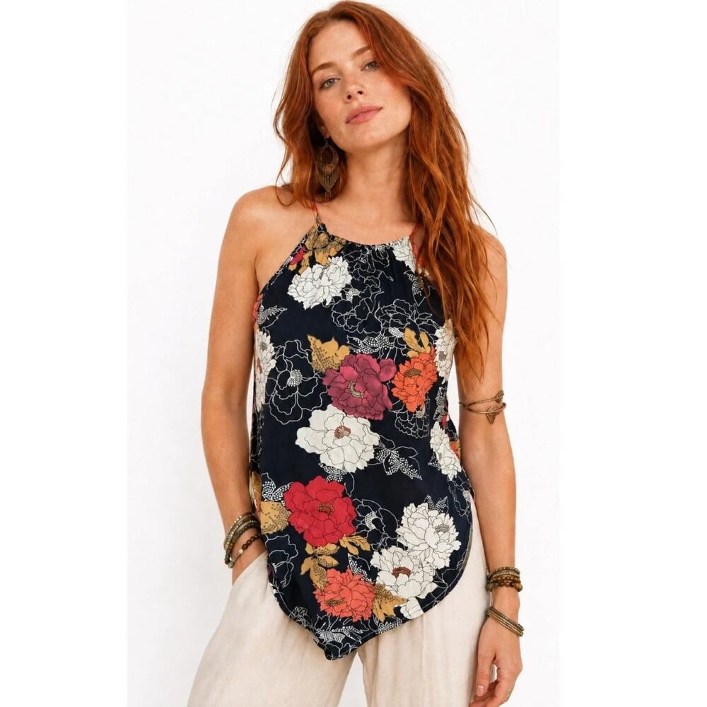 BOG Collective Once In A Lifetime Top Womens Large Navy Floral Handkerchief Tank